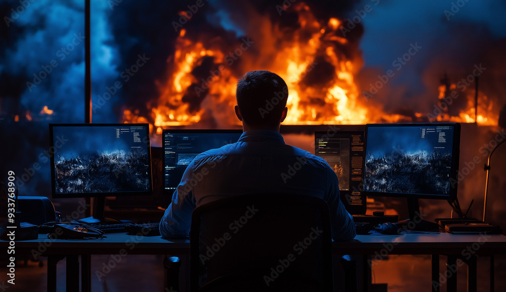 A person viewed from behind, sitting at a computer desk with multiple monitors in front, while a significant fire blaze rages in the background, creating a dramatic scene. A person viewed from behind, sitting at a computer desk with multiple monitors in front, while a significant fire blaze rages in the background, creating a dramatic scene.
