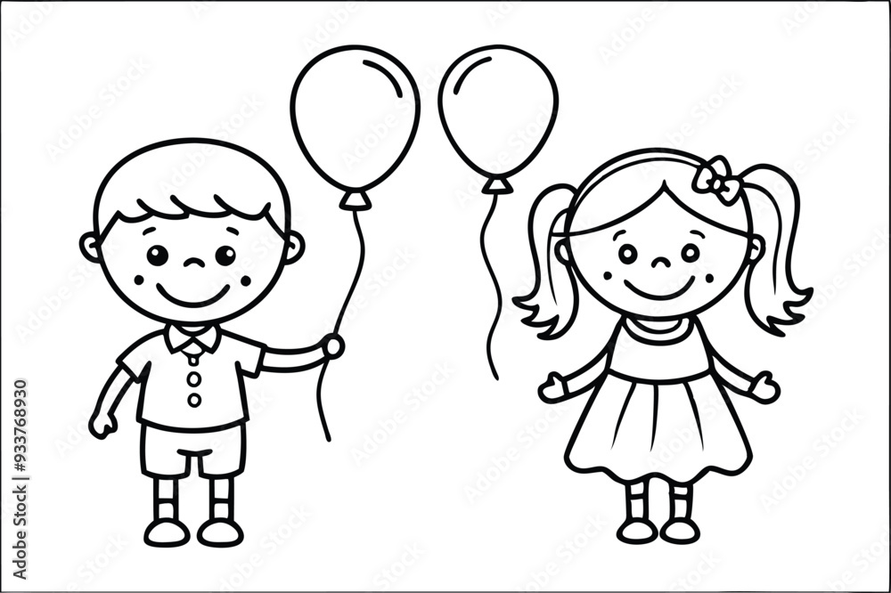 girl and boy with balloons line art illustration black and white girl and boy with balloons line art illustration black and white
