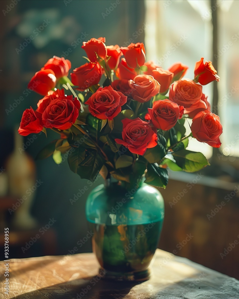 A vase filled with red roses sitting on top of a table A vase filled with red roses sitting on top of a table