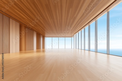 Spacious modern empty room with wooden flooring, large windows, and ocean view, perfect for interior design and architectural concepts.