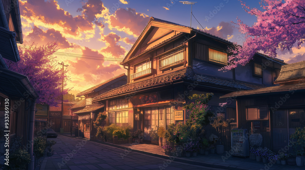 A peaceful traditional wooden house bathed in the golden hues of sunset, framed by vibrant cherry blossoms, capturing the essence of tranquility and timeless beauty. A peaceful traditional wooden house bathed in the golden hues of sunset, framed by vibrant cherry blossoms, capturing the essence of tranquility and timeless beauty.