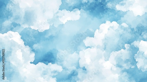 Pale Blue Watercolor Clouds Background with Fluffy, Spread Out Clouds in Darker Shades of Blue