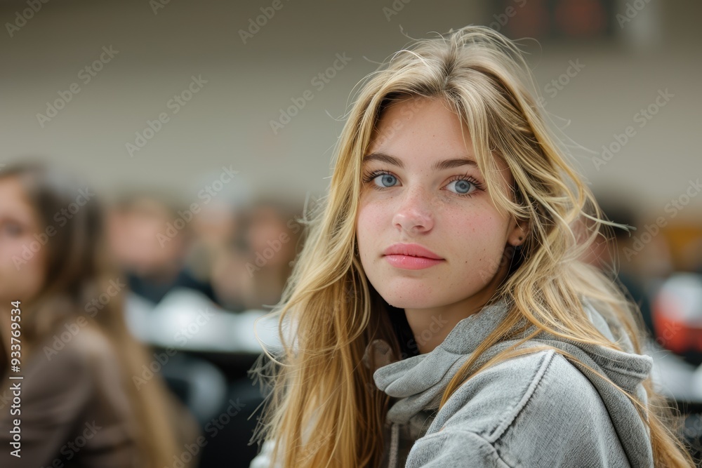 A young woman with long blonde hair, wearing a casual gray hoodie, sits attentively in a crowded room with a blurred background A young woman with long blonde hair, wearing a casual gray hoodie, sits attentively in a crowded room with a blurred background