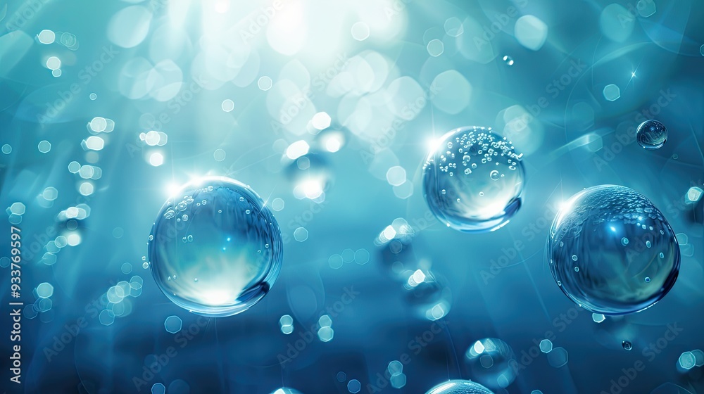 Droplets of air in the blue water column. Bubbles under the water. The spheres are clear and transparent. Natural background. Illustration for banner, poster, cover, brochure or presentation.