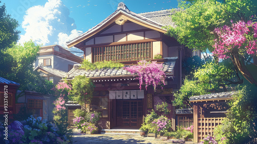 A beautifully detailed traditional Japanese house covered in vibrant blooming plants and surrounded by lush greenery, under a bright blue sky with fluffy clouds.