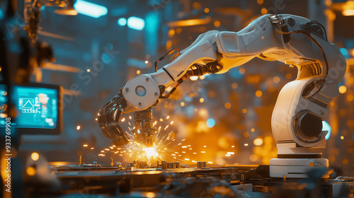 A high-tech robotic arm is actively welding parts in a high-energy, modern industrial facility, showcasing advanced technology and engineering expertise in automation and manufacturing.