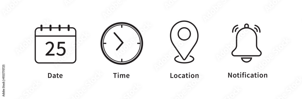 Date, time, location address, notification icon. Clock, calendar, location pin, bell icon. Web icon set. Vector illustration Date, time, location address, notification icon. Clock, calendar, location pin, bell icon. Web icon set. Vector illustration
