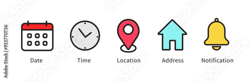 Date, time, location address, notification icon. Clock, calendar, location pin, home, bell icon. Web icon set. Vector illustration