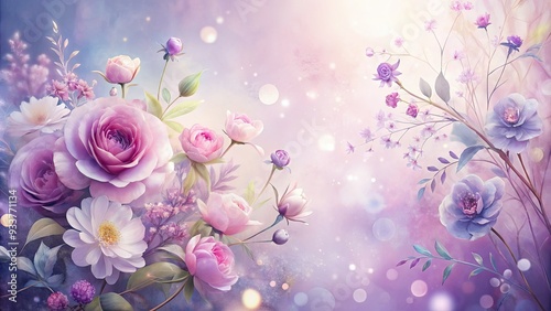 Soft pink and purple hues blend in a whimsical watercolor background, featuring gentle blooms and subtle texture, evoking a sense of dreamy elegance and sophistication.