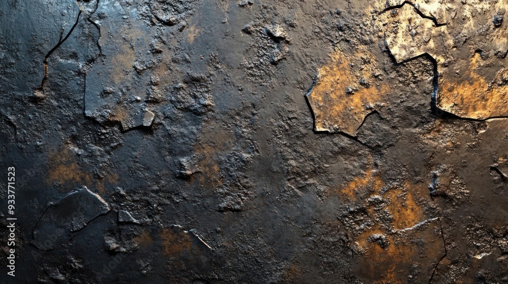 A close-up shot of a dark metal surface showing wear, rust, and areas of golden tarnish. A close-up shot of a dark metal surface showing wear, rust, and areas of golden tarnish.