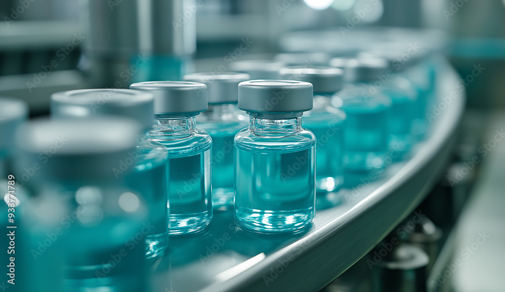 Image showing vials filled with blue liquid placed sequentially on a manufacturing line, captured in a high-tech facility representing the pharmaceutical industry's manufacturing process. Image showing vials filled with blue liquid placed sequentially on a manufacturing line, captured in a high-tech facility representing the pharmaceutical industry's manufacturing process.