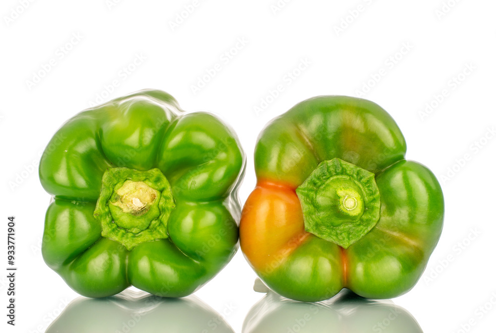 Two sweet green peppers, macro, isolated on white background. Two sweet green peppers, macro, isolated on white background.