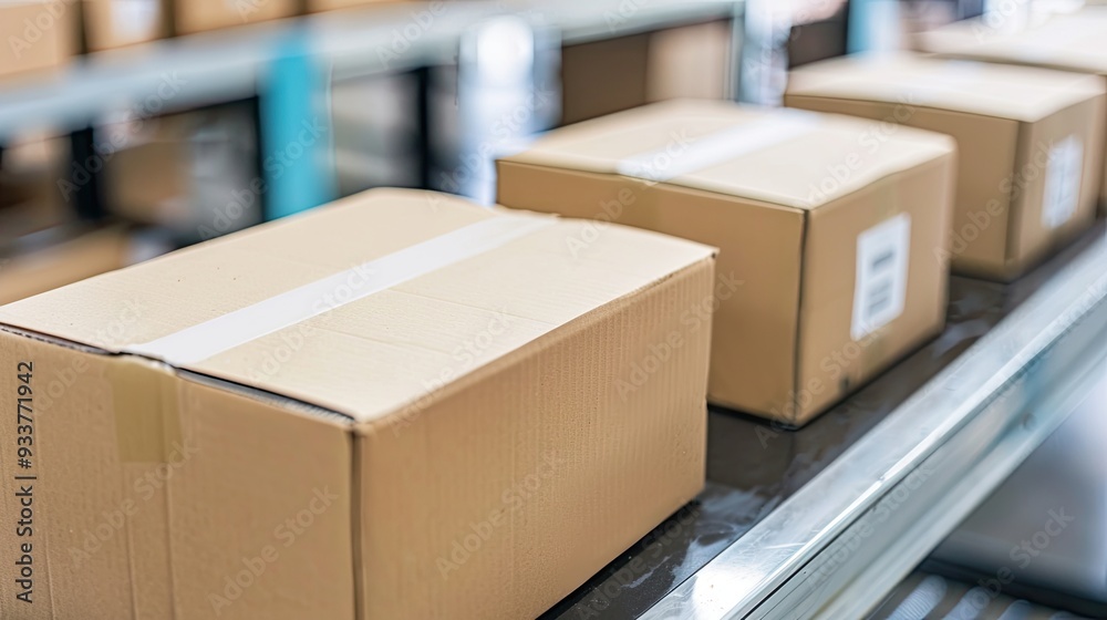 Cardboard boxes move along a conveyor belt in a warehouse. The concept of packaging, storage, distribution of orders in commercial activities. Illustration for advertising, marketing or presentation.