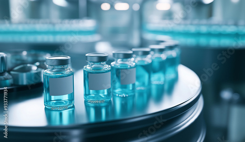 This image features a collection of glass vials filled with blue liquid arranged on a metallic surface, representing pharmaceutical manufacturing in a laboratory setting.