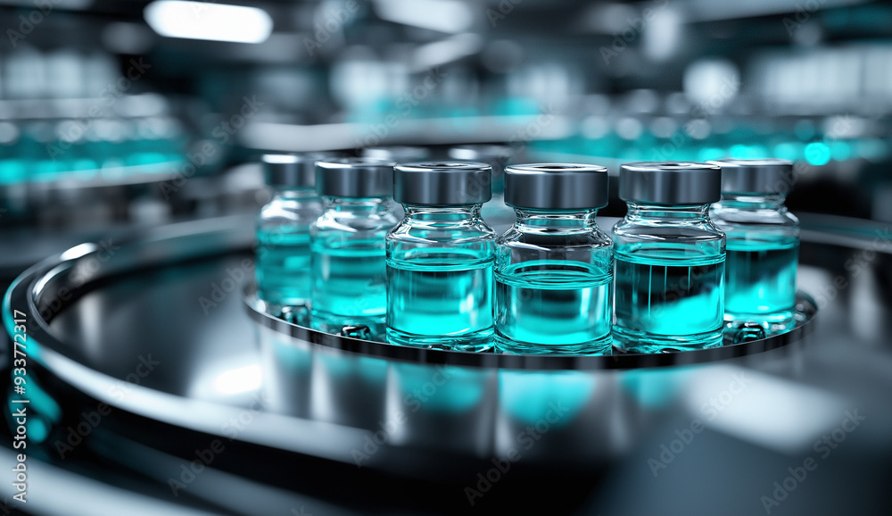 A set of vials containing blue liquid displayed in a laboratory environment, representing medical research, scientific advancements, or pharmaceutical innovations.