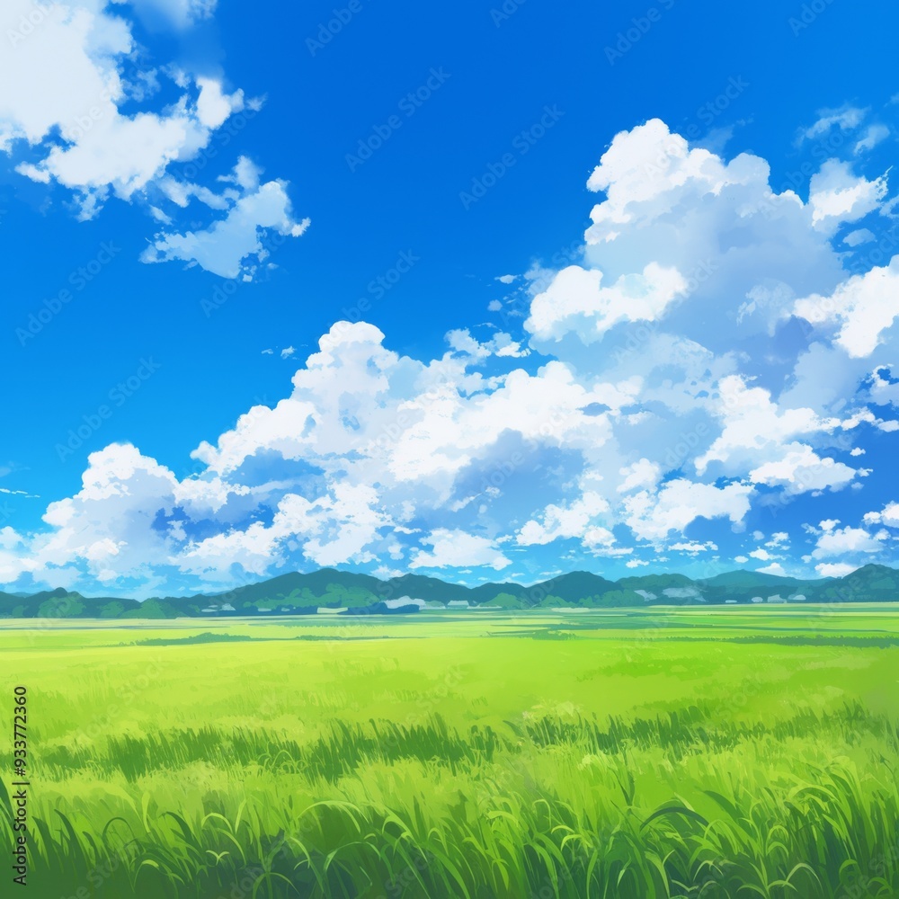 Expansive Prairie Field Under a Blue Sky with White Clouds, Evoking a Sense of Freedom and Natural Serenity Expansive Prairie Field Under a Blue Sky with White Clouds, Evoking a Sense of Freedom and Natural Serenity