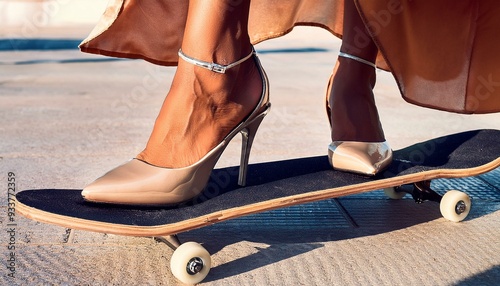 Female feet in high heels on a skateboard. photo