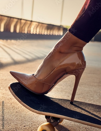 A woman's foot, clad in high heels, poised on a skateboard. photo