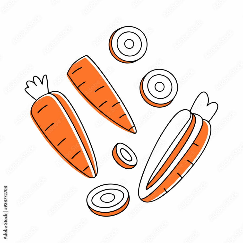 Set of doodle outline carrot with spots Whole pieces and leaves Vector illustration for packing (4) Set of doodle outline carrot with spots Whole pieces and leaves Vector illustration for packing (4)