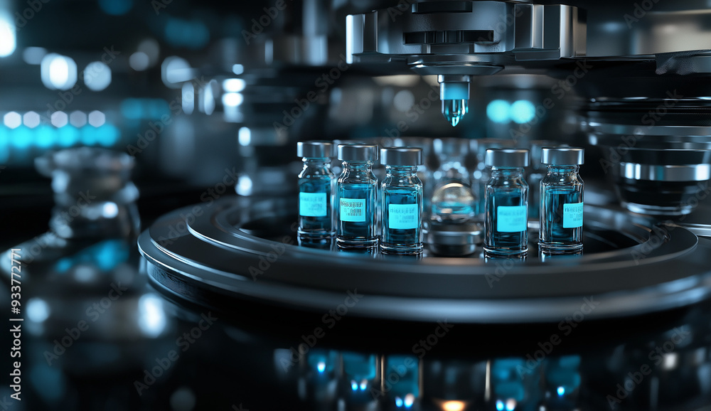 A futuristic laboratory featuring advanced machinery meticulously processes vials containing blue liquid, representing cutting-edge science and technology in a sterile environment. A futuristic laboratory featuring advanced machinery meticulously processes vials containing blue liquid, representing cutting-edge science and technology in a sterile environment.