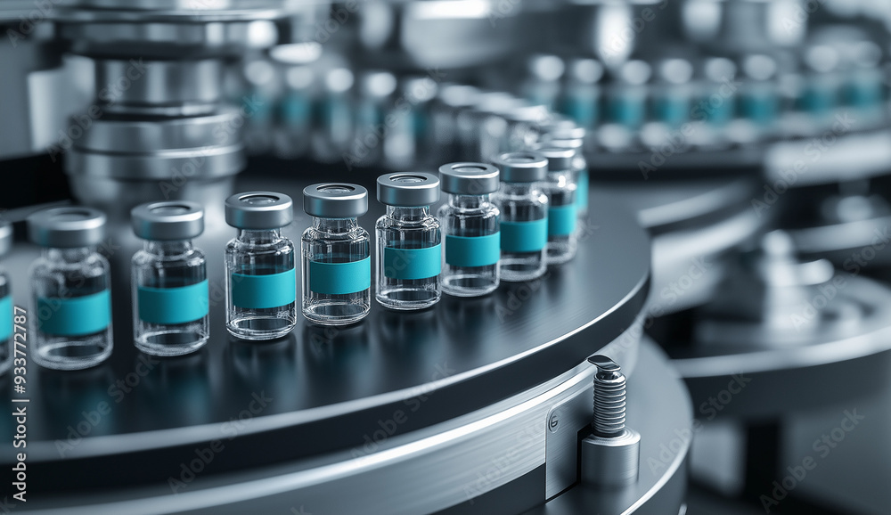 Close-up image of vaccine vials arranged on an automated production line in a pharmaceutical manufacturing facility, showcasing modern medical technology and precision. Close-up image of vaccine vials arranged on an automated production line in a pharmaceutical manufacturing facility, showcasing modern medical technology and precision.