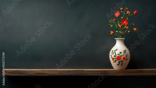 Handmade ceramic vase with painted floral designs, drying on a rustic wooden shelf, photo realistic, artisanal pottery photo