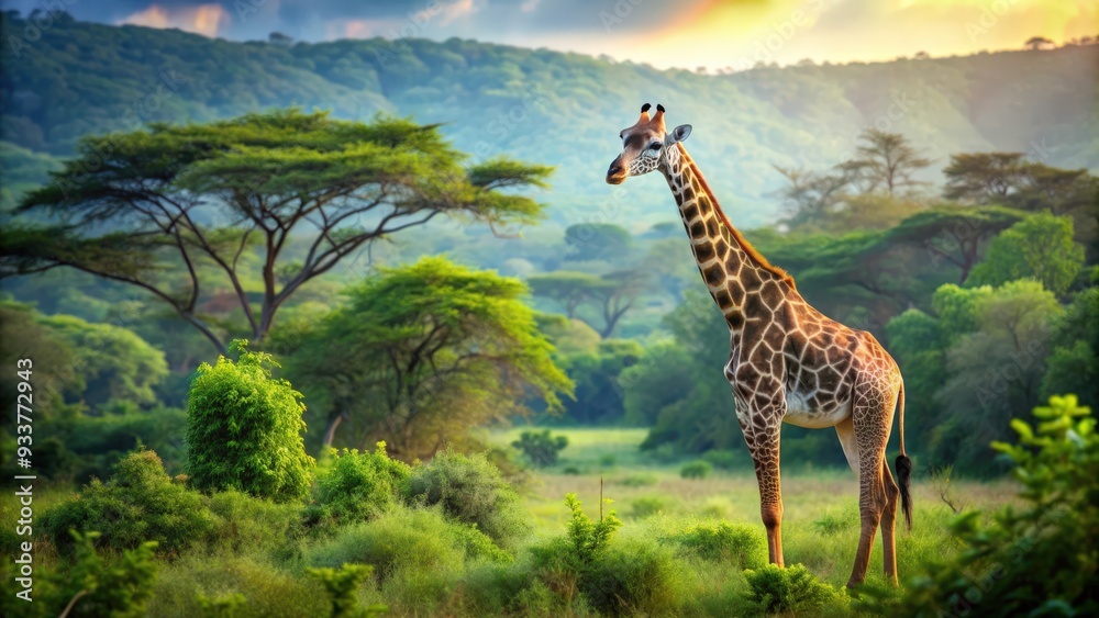 Obraz premium Majestic giraffe in lush African landscape with dense foliage and trees, giraffe, majestic, Africa, landscape, green, foliage