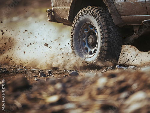 Close-up of four-wheel-drive vehicle off-road tires navigating a muddy woodland road.