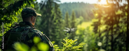 Militardrohnen-Operator im Wald, konzentriert auf seine Ausrustung, wahrend die Drohne in der Nahe lautlos durch das Gelande navigiert photo