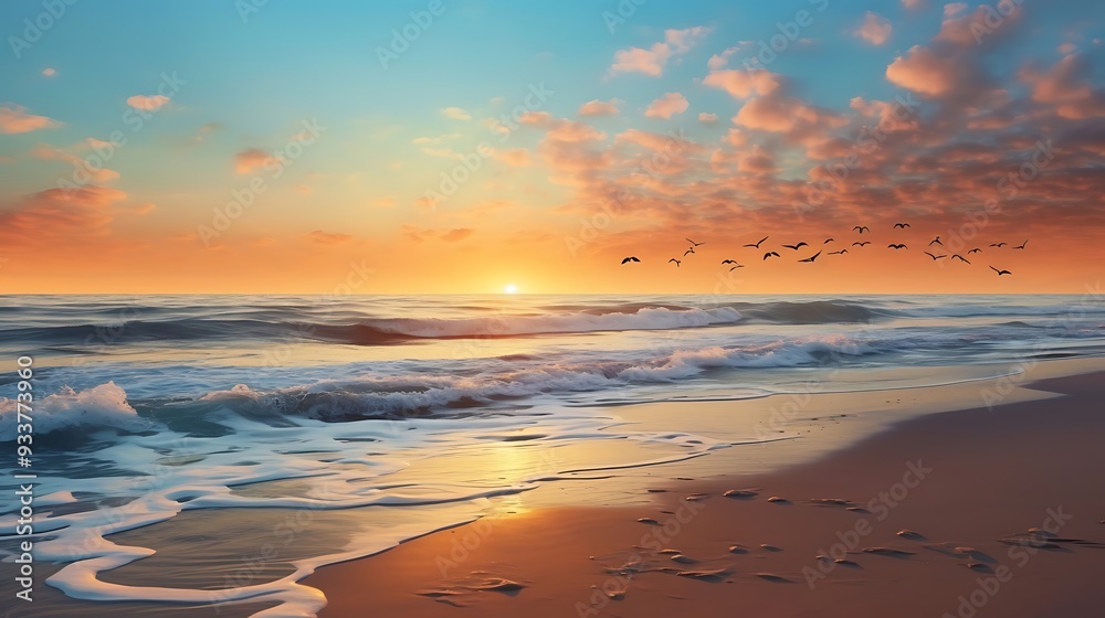 Fototapeta premium Sunset of a pristine beach at sunrise with gentle waves and seagulls.