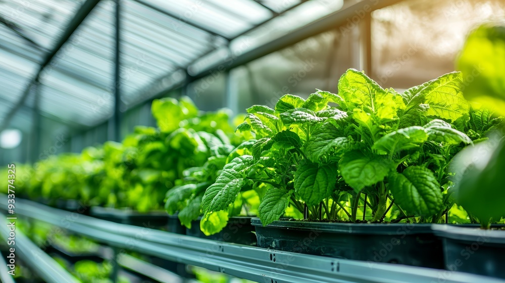 A modern agricultural greenhouse featuring hydroponic shelves, showcasing a high-tech approach to farming with lush, vibrant plants growing indoors A modern agricultural greenhouse featuring hydroponic shelves, showcasing a high-tech approach to farming with lush, vibrant plants growing indoors