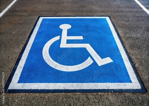 Accessible parking space marked with a blue wheelchair symbol and bold white lines, reserved for vehicles with disability permits only, on a paved asphalt surface. photo