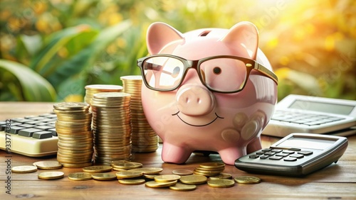 A ceramic piggy bank with coins and banknotes spilling out, surrounded by financial documents and a calculator, symbolizing saving and budgeting efficiently. photo
