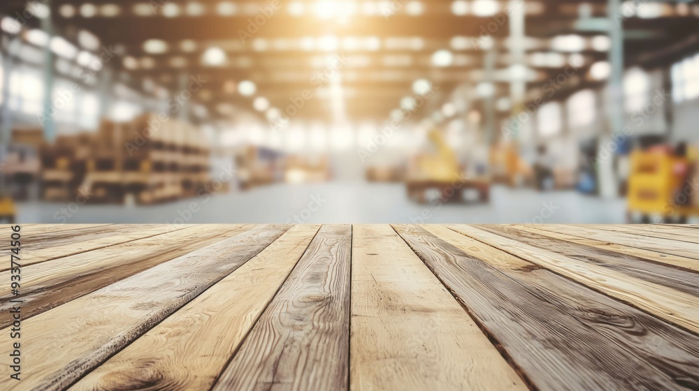 Empty wood table top with blur background of warehouse of factory. The table giving copy space for placing advertising product on the table along with beautiful industrial warehouse background