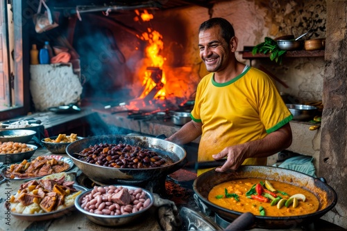 Fototapeta Naklejka Na Ścianę i Meble -  Brazilian Cuisine in Rio: A Chef Celebrates National Pride by Preparing Feijoada and Tapioca in Green and Yellow Colors of Brazil.

