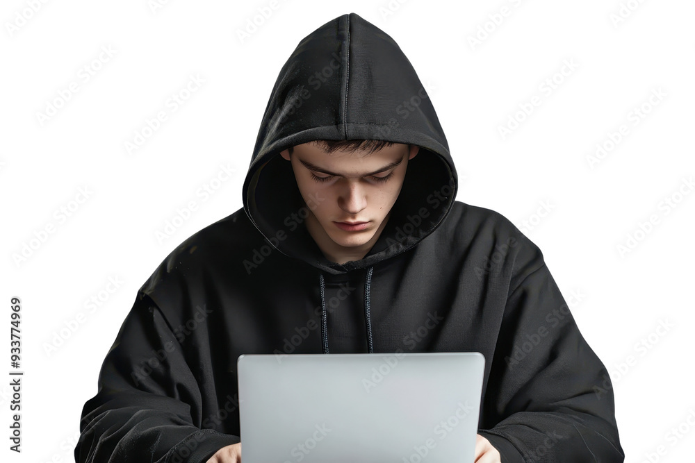 Young person in a black hoodie intensely working on a laptop. Perfect for cybersecurity or hacker themes, and technology concepts. Young person in a black hoodie intensely working on a laptop. Perfect for cybersecurity or hacker themes, and technology concepts.
