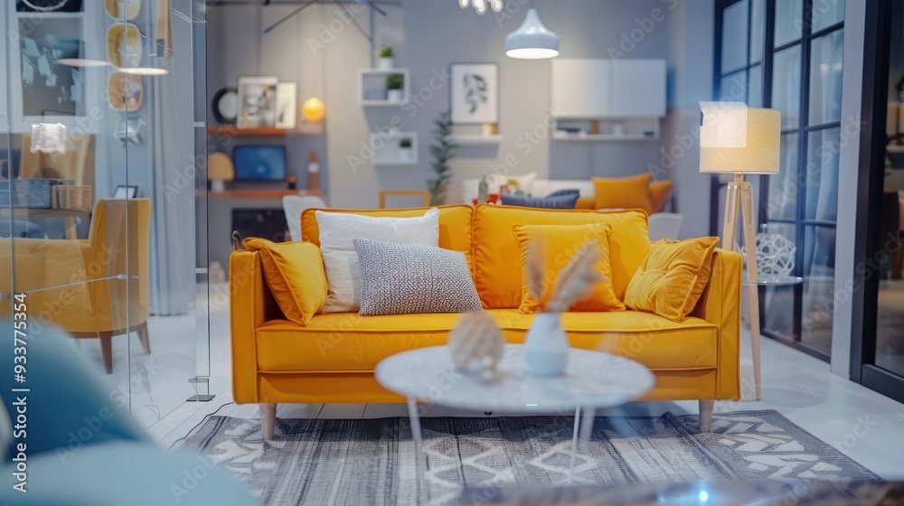 Fototapeta premium Augmented reality app displaying virtual furniture in a living room showroom.