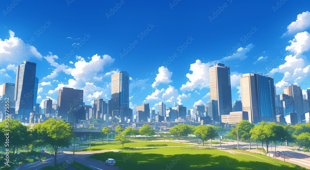 Obraz premium City Skyline with Tall Buildings, Green Trees, and Park Grass under a Blue Sky with White Clouds