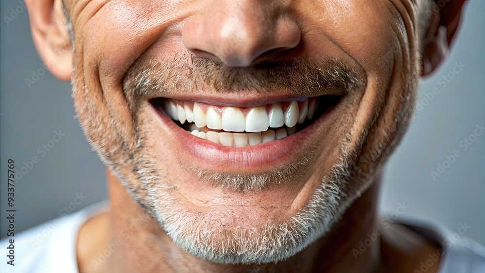 A close-up shot of a middle-aged man's mouth, slightly open, revealing white teeth, with a subtle smile and gentle, relaxed facial expression. A close-up shot of a middle-aged man's mouth, slightly open, revealing white teeth, with a subtle smile and gentle, relaxed facial expression.