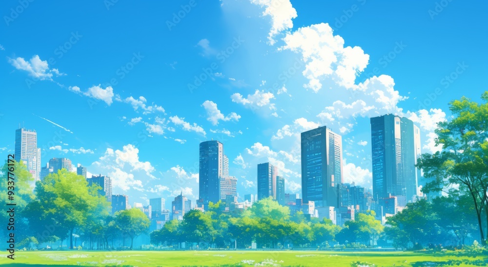 City Skyline with Tall Buildings, Green Trees, and Park Grass under a Blue Sky with White Clouds City Skyline with Tall Buildings, Green Trees, and Park Grass under a Blue Sky with White Clouds