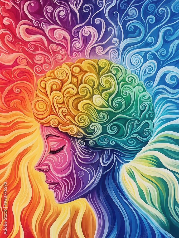 Colorful abstract illustration of a woman's profile showcasing vibrant brain activity with artistic patterns symbolizing creativity and thought. Colorful abstract illustration of a woman's profile showcasing vibrant brain activity with artistic patterns symbolizing creativity and thought.