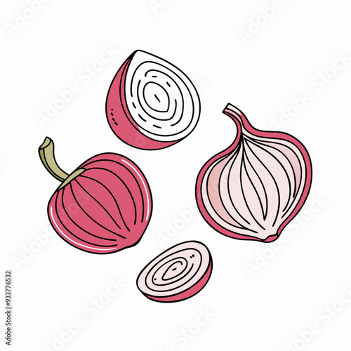 Set of doodle outline onion with spots Whole and pieces (5)