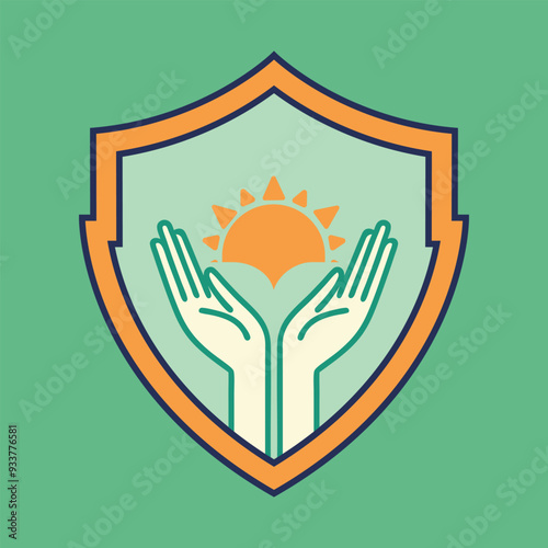 Hand and sun inside shield vector illustration for logo t-shirt or any others