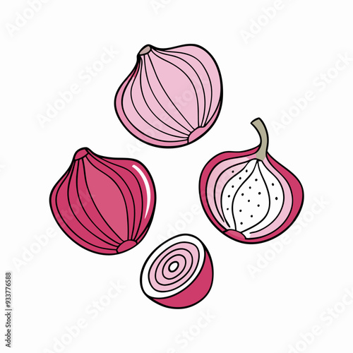 Set of doodle outline onion with spots Whole and pieces (6)