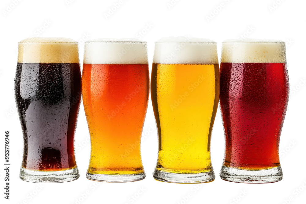 Four glasses of different types of beer lined up in a row, showcasing a
