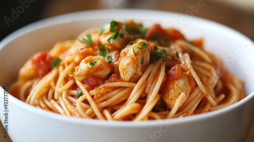 Delicious Homemade Spaghetti with Tomato Sauce and Chicken - A close-up shot of a bowl of spaghetti with tomato sauce and chicken, garnished with fresh parsley. The spaghetti is cooked al dente and th