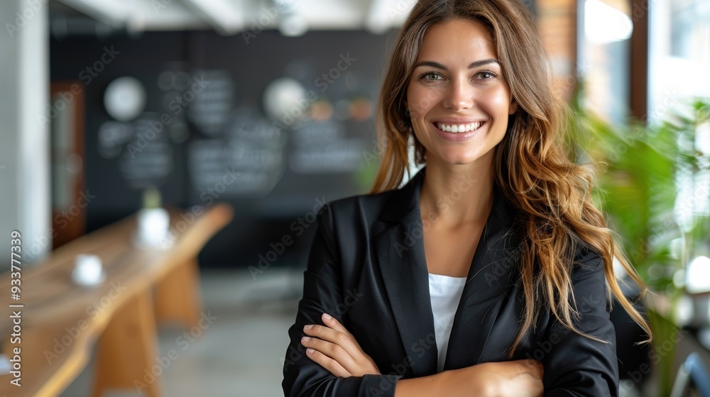 Fototapeta premium A confident and professional businesswoman in a black suit, smiling and standing with folded arms in a modern office setting with a blurred background