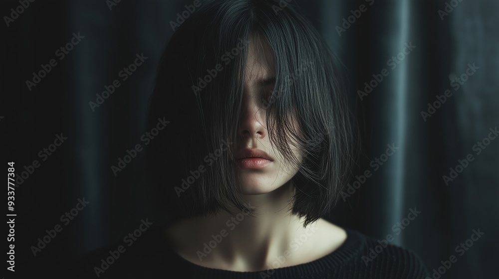 Fototapeta premium A woman with a bob haircut sits in a dimly lit room, her eyes closed and hair draping over her face, conveying a sense of introspection and calm