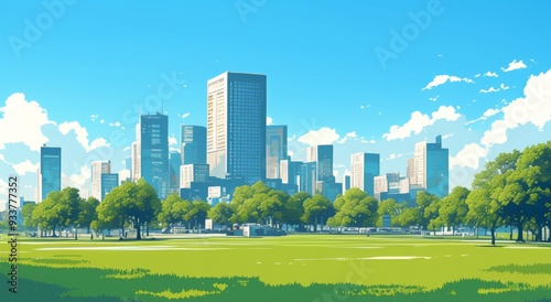 City Skyline with Tall Buildings, Green Trees, and Park Grass under a Blue Sky with White Clouds