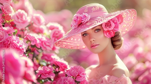 A captivating portrait of a woman amidst a vibrant garden of pink roses, elegantly wearing a wide-brimmed hat adorned with roses, exuding grace and femininity